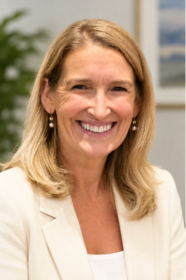 Sara Cromie, smiling, in a cream jacket