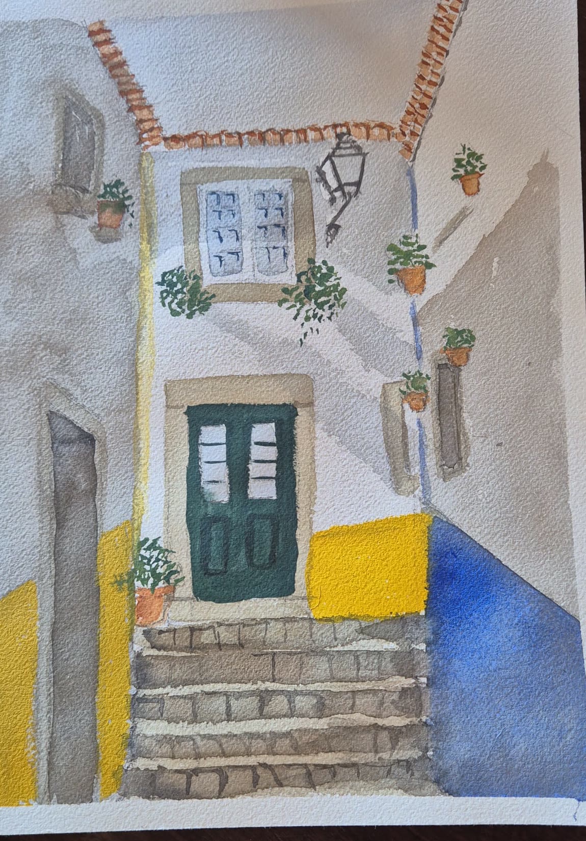 Sara's watercolour of a Portuguese doorway with a green door, yellow and blue walls and potted plants