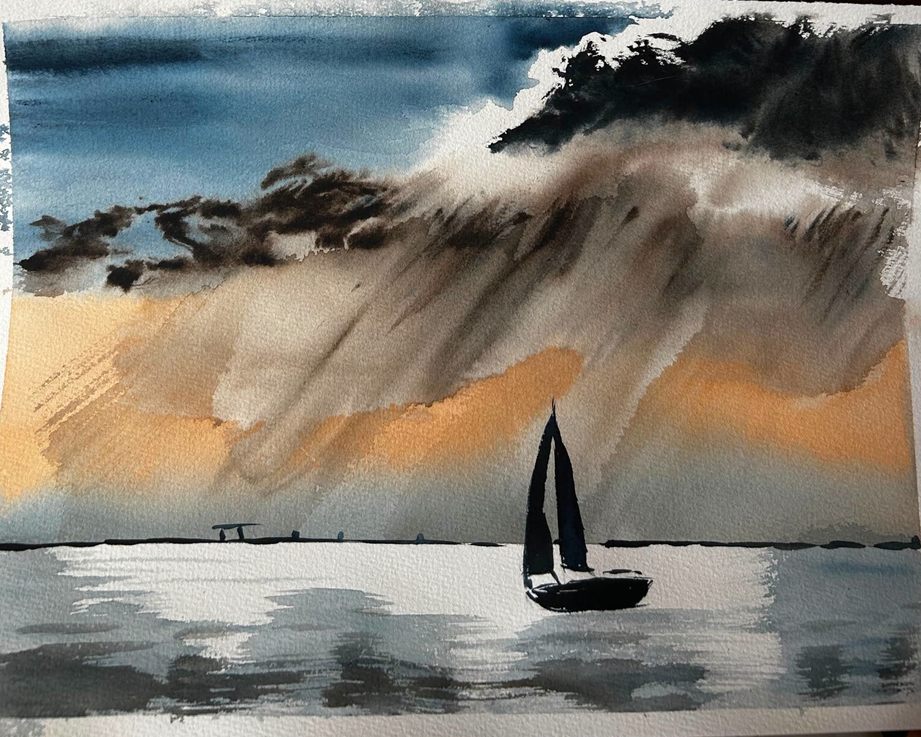 Sara's watercolour of a small sailing boat under a dark storm cloud, with golden light breaking through